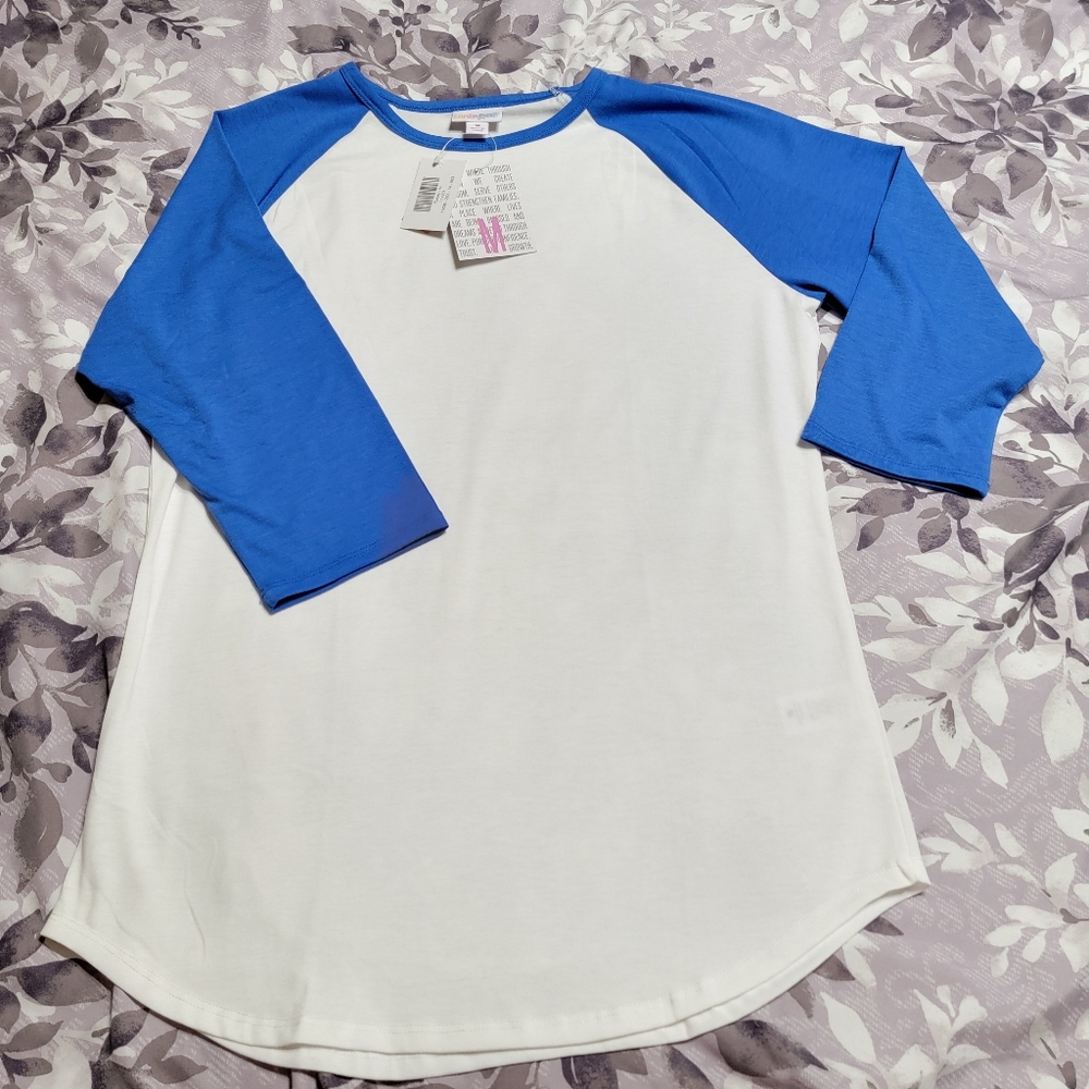 Lularoe Randy Tee- white body with blue sleeves